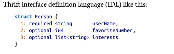 Thrift interface definition: a Person struct with required userName, optional favoriteNumber, and a list of interests