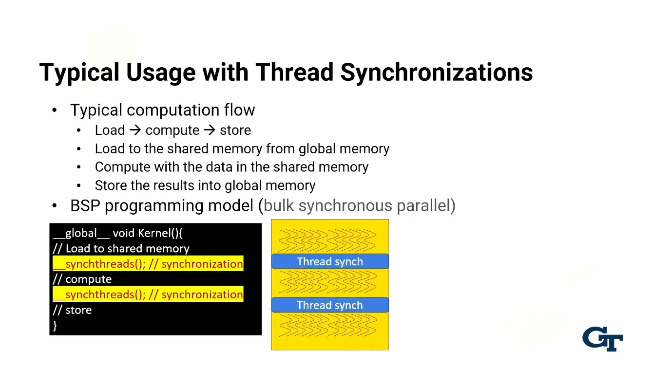 Can do barrier synchronization for all threads within a block with __syncthreads() with a typical pattern being loa…