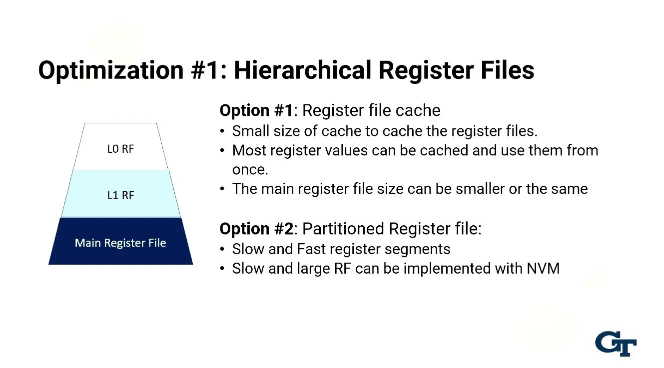 Hierarchical register files and partitioned register files reduce access latency and expand total register capacity c…
