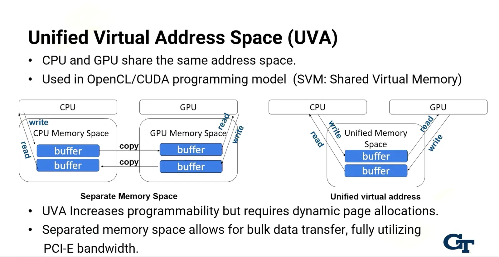 Can do explicit data copying or have a Unified Virtual Address space where CPU and GPU’s share the same address space…