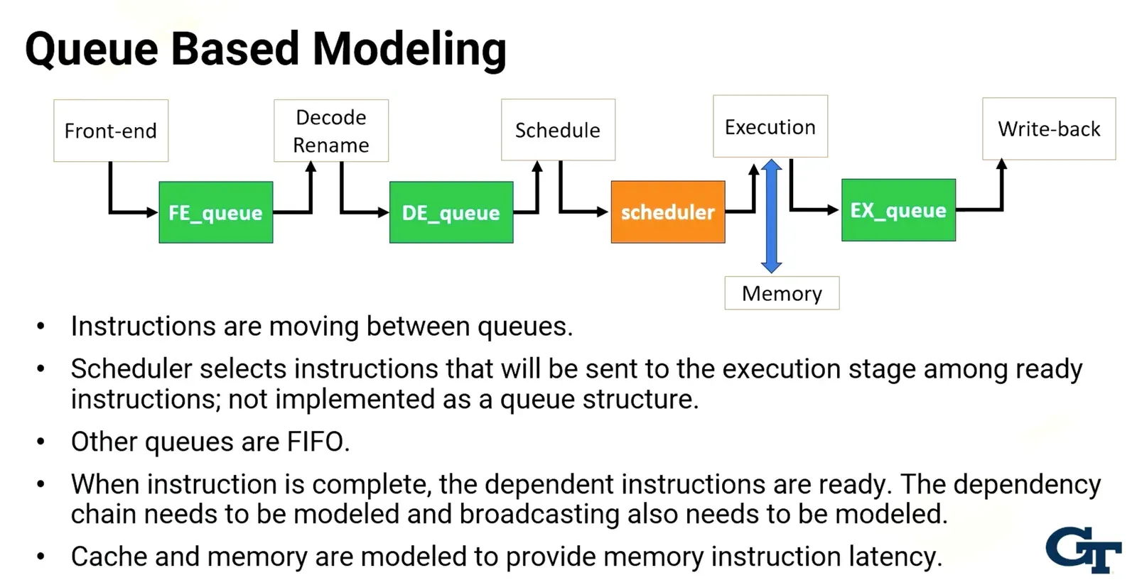 Number of cycles in every pipeline stage is depth of the queue and pipeline width is how many can move between queues