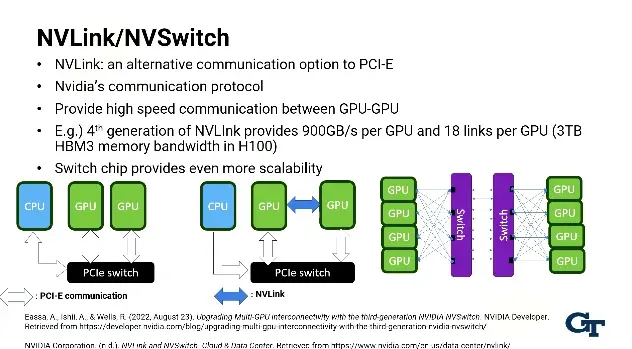 NVLINK preferred over PCI-E for faster bandwidth due to unified memory, direct GPU access, NVSwitch/Switch chip