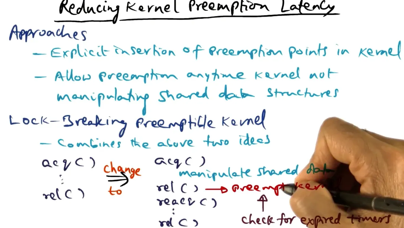To reduce kernel preemption latency allow preemption only when kernel not modifying kernel data structures to prevent…